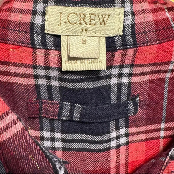 J CREW Pink and Navy Plaid Flannel Tunic with Gold Metallic Threads Size Medium - Picture 3 of 6